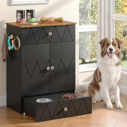Pet Feeding Station with Storage, Raised Dog Bowls, Pet Feeder Cabinet, with Adjustable Shelves, Rolling Drawer, Hooks, for Feeding & Watering Supplies (Black) - color: Black