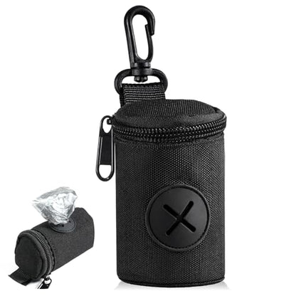 Dog Poop Bag Holder for Leash, Durable Fabric Poop Bag Dispenser with Zipper, Soft Pet Waste Bags Pouch, Small Doggy Puppy Walking Accessories Attachment for Leash (Black)