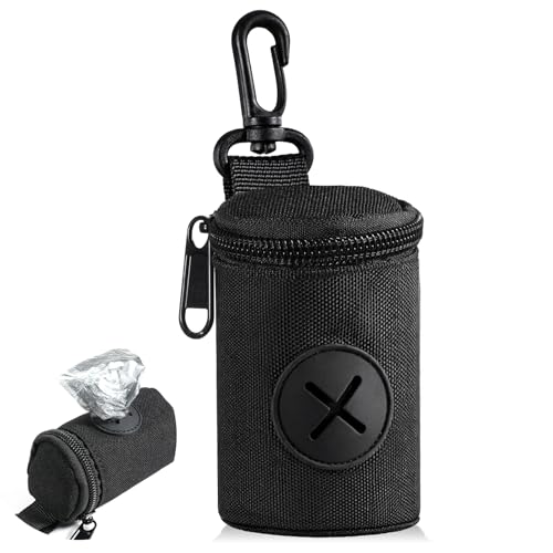 Dog Poop Bag Holder for Leash, Durable Fabric Poop Bag Dispenser with Zipper, Soft Pet Waste Bags Pouch, Small Doggy Puppy Walking Accessories Attachment for Leash (Black)