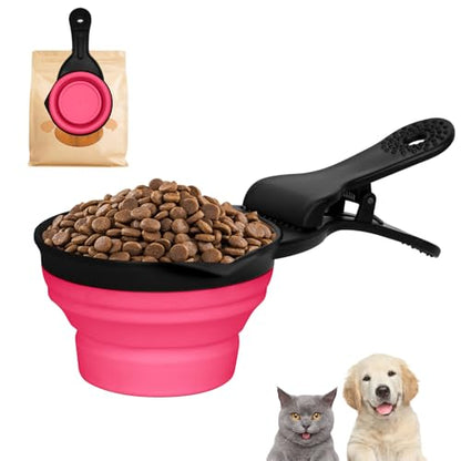 Collapsible Dog Food Scoop Foldable Pet Food Bag Clip 3 in 1 Multi-function Silicone Cat Food Measuring Cup Scoop Dog Food Scooper Pet Food Storage Clip (Rose Red, 1 Cup Capacity(1 Pack)) - color: Rose Red, size: 1 Cup Capacity(1 Pack)