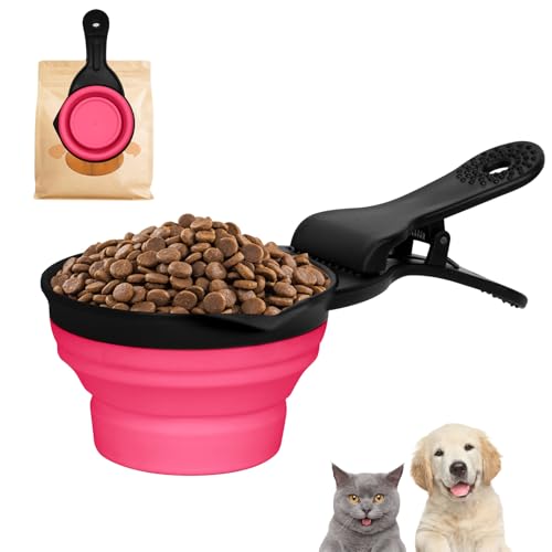 Collapsible Dog Food Scoop Foldable Pet Food Bag Clip 3 in 1 Multi-function Silicone Cat Food Measuring Cup Scoop Dog Food Scooper Pet Food Storage Clip (Rose Red, 1 Cup Capacity(1 Pack)) - color: Rose Red, size: 1 Cup Capacity(1 Pack)
