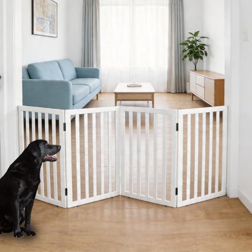 Dog Gate Indoor, Freestanding Dog Fence for The House, Doorways, Hallways,or Stairs,Pet Gate Foldable Wooden,Expandable 32" Height 4 Panels,White - color: White, size: 【4 Panels】80‘’w x 32''h