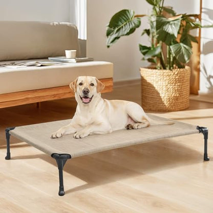 Veehoo Outdoor Elevated Dog Bed Large Sized Dogs, Cooling Raised Dog Cot Off Ground Hammock Pet Beds with Breathable Mesh, No-Slip Feet, 42"x30", Beige Coffee - color: Beige Coffee, size: 42.0"L x 30.0"W x 7.0"Th