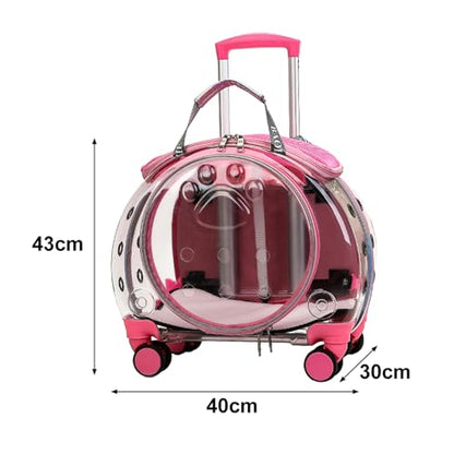 Cat Carrier with Wheels, Transparent Bubble Cat Carrier with Ventilation Holes and Telescopic Handle, 2 in 1 Design, Pet Trolley & Backpack, Portable Dog Crate for Traveling, Walking Pink - color: Pink