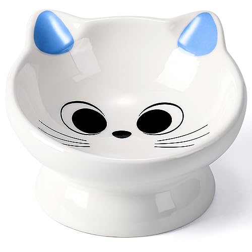 Raised Cat Food Bowl Ceramic 15° Tilted Cat Food Bowls Protect Cat's Spine Anti Vomiting Backflow Prevention Bowls for Adult Cats, Kitten, and Small Dogs, Blue - color: Blue Ears