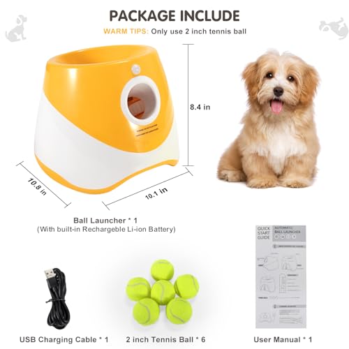 Automatic Dog Ball Launcher for Small & Medium Dogs, Interactive Dog Fetch Machine with 3 Distance Settings (10–30 ft), Mini Tennis Ball Thrower Includes 6 Balls, Indoor Outdoor Dog Toy - Orange