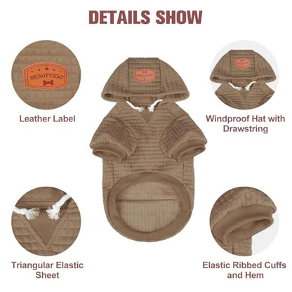 BEAUTYZOO Small Dog Hoodie Sweater with Pockets, Dog Clothes for Small Medium Dogs Boy Girl, Waffle-Like Laminated Cotton Pet Coats with Hat and Leash Hole, Khaki XS - color: Khaki, size: XS (Back: 10",Chest: 14", Neck: 8.7")