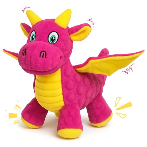 Squeaky Dog Toys - Cute Plush Dragon Dog Toy with 5 Squeakers & Crinkle Paper, Pink Dog Toy Gift for Small, Medium and Large Dogs (Pink,10") - color: Pink