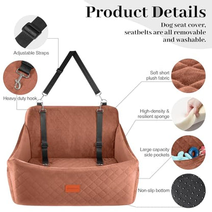 Wooaidagg Dog Car Seat for Medium & Large Dogs Up to 55lbs, Memory Foam Cushion, Washable Cover, Safety Straps & Non-Slip Base (Brown, Large) - color: Brown