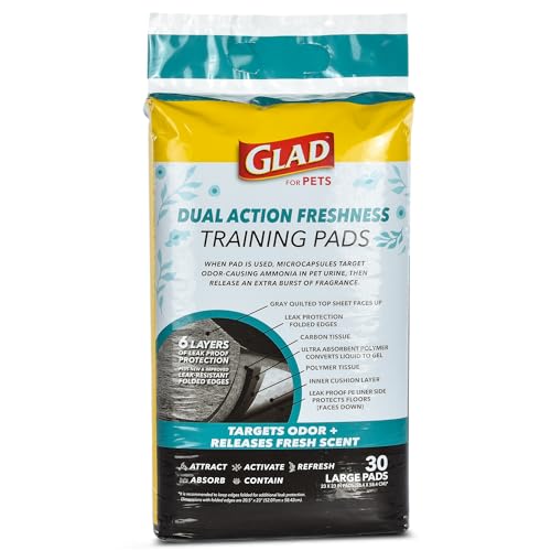 Glad for Pets Dual Action Freshness Activated Carbon Puppy Pads, Fragrance Release, Scented Odor Control, 6-Layer Leak-Proof, Pheromone Attractant, 23 x 23 Inch, 30 Count - size: 30 Count (Pack of 1)