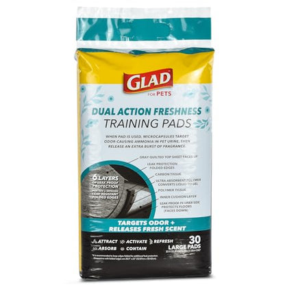 Glad for Pets Dual Action Freshness Activated Carbon Puppy Pads, Fragrance Release, Scented Odor Control, 6-Layer Leak-Proof, Pheromone Attractant, 23 x 23 Inch, 30 Count - size: 30 Count (Pack of 1)