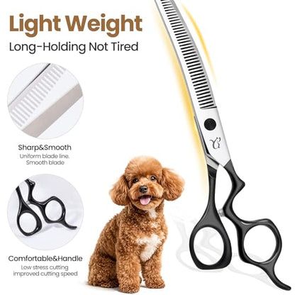 Dog Grooming Scissors,Curved Chunkers Shears Deg Grooming with Safety Round Tips, Sharp and Comfortable 4 in 1 Dog Scissers for Grooming