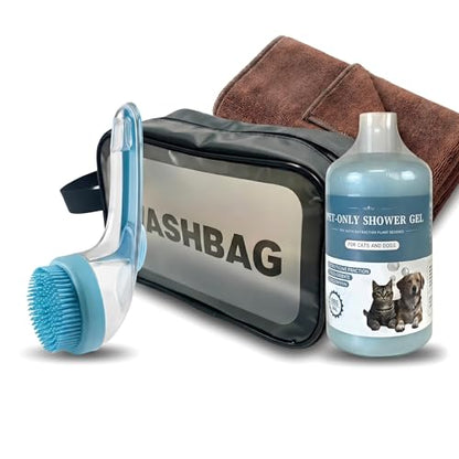 [Zmonap] Dog Cat Bath Brush Kit with Soap Dispenser, 250ML Gentle Pet Shower Gel, Super Absorbent Quick Dry Towel & Waterproof Storage Bag, All-in-One Pet Grooming Bathing Supplies for Indoor Outdoor