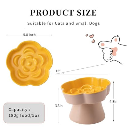 Tilted Cat Bowl, Flower-Shaped Ceramic Slow Feeder Cat Bowl, Raised Pet Bowl for Whisker Relief, Prevents Vomiting & Bloating, Non-Slip Base, Easy to Clean for Dry/Wet Food (Pink & Blue) - color: Pink & Blue