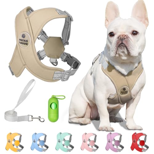 Patas Lague Dog Harness with Leash Set Adjustable Soft Padded Step-in Dog Vest No Choke No Pull Reflective for Small Pets with Poop Bags and Dispenser, Solid and No-chew, Brown XS - color: Brown, size: XS (Neck 16-19.1'' Chest 18.8-21.5'')