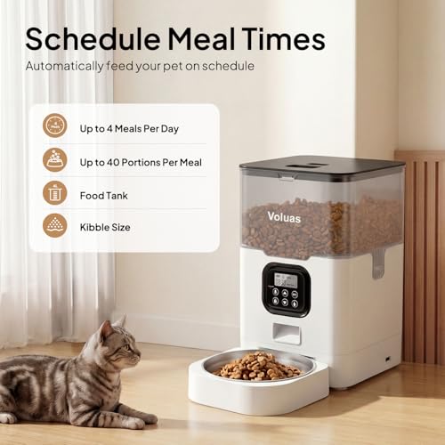 VOLUAS Automatic Cat Feeders - Dry Food Dispenser with Timer, Desiccant Bag, Programmable Portion Size Control 4 Meals Per Day, 10s Voice Recorder | Programmable Portion Control, Up to 4 Meals Daily, Dual Power Supply, Power-Off Memory, 10-Second Voice Re