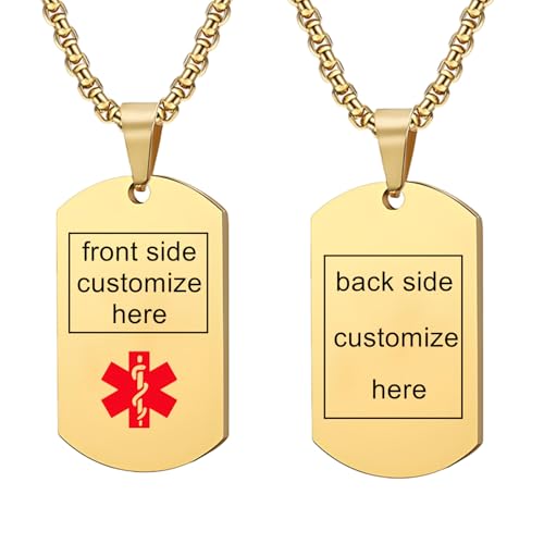 Personalized Medical Alert Necklace Laser engraved ID Tag Custom Engraving Stainless Steel Dog Tag Pendant for Men Women - color: Gold