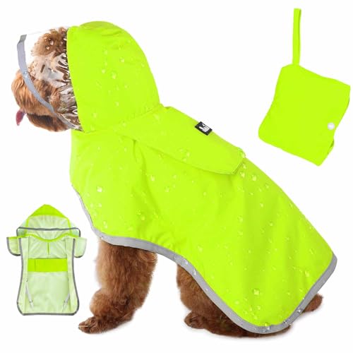 Lukovee Dog Raincoat, Adjustable Dog Rain Jacket with Clear Hooded Double Layer for Large Medium Small Dogs Puppies, Waterproof Rain Coat Poncho with Reflective Storage Pocket & Rim (Green, M) - color: Green, size: Medium