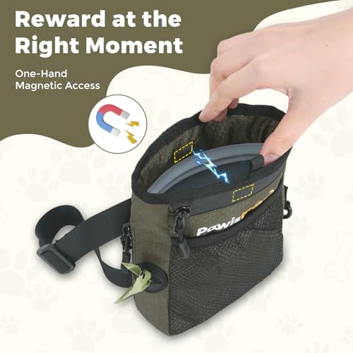 Dog Treat Pouch for Pet Training, One-Hand Magnetic Closure, Hands-Free Treat Bag with Silicone Liner, No Mess No Smell - color: Military green