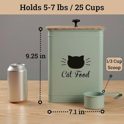 Cat Food Storage Container with Scoop - 5-7lb (25 Cup) Capacity Metal Cat Kibble Canister with Airtight Bamboo Lid and Metal Scoop - Airtight Pet Food Storage Containers 5 lb - 7 lb Kibble Container - color: Sage Green