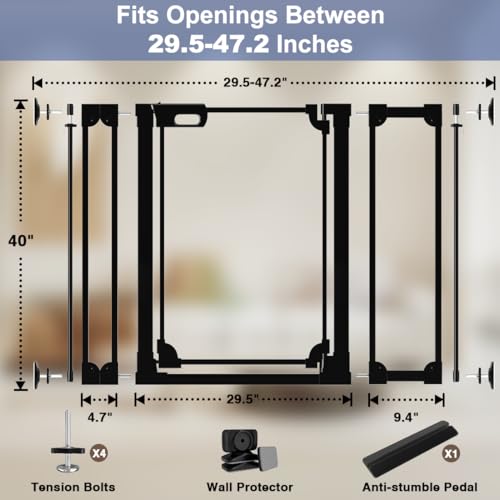 40" Clear Tall Dog Gate with Door, 29.5-47.2" Transparent Wide Baby Gates for Large Pet Cats, Walk Thru Extra High Doggie Gates Doorways Stairs Indoor, Pressure Mounted Safety Gates, Black - size: 29.5"-47.2"