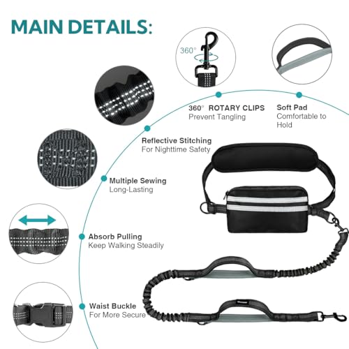 Hands Free Dog Leash with Pouch, Retractable Bungee with Double Padded Handles, Dog Leashes with Bungee for Medium & Large Puppy (Black/Olive Green) - color: Black/Olive Green