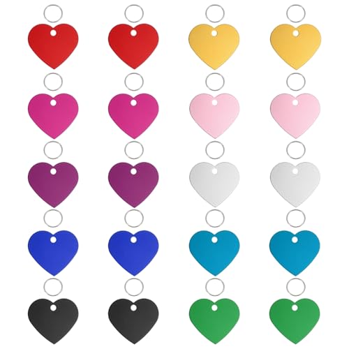 Pet ID Tags, Personalized Dog Cat Tag Stainless Steel Aluminum Heart Shape Engraved Blank with Key Ring 38x33mm (Multicolor, 20 Pcs), Intended for Dog/Cat/Name/Pendant Crafts - color: Multicolor