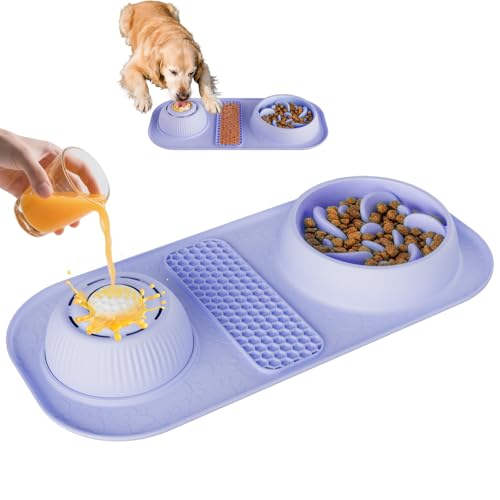 Dog Lick Bowl with Rolling Ball, 3 in 1 Slow Feeder Dog Bowls, Bone Broth Dog Licking Bowl with Lick Mat & Interactive Rolling Ball, Non-Slip Dog Enrichment Toy for Small Medium Large Breed