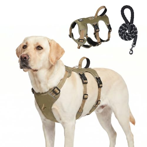 Escape Proof Dog Harness and Leash Set,Soft Padded Full Body Pet Harness, No Pull Reflective Adjustable Dog Vest with Handle, Easy Control Dog Harness for Medium Large Dogs Training Walking Running - color: Khaki, size: L