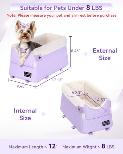 PETSFIT Cat Car Seat with Safe Protection Hooks, Center Console Dog Car Seat with Upgraded Safety Tethers, Washable Cushion, Dog Car Seats for Small Dogs Up to 8 Lbs (Purple) - color: Purple