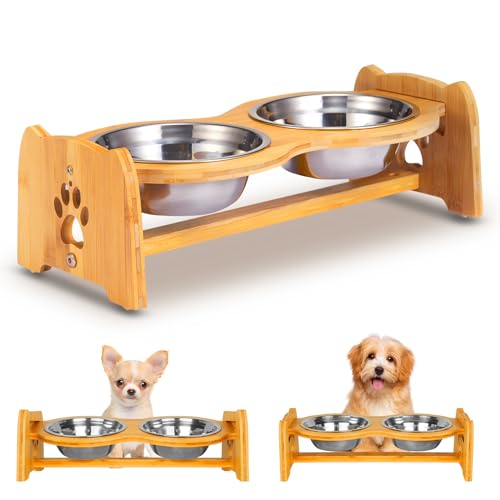 X-ZONE PET Elevated Dog Bowls for Cats and Dogs, Adjustable Bamboo Raised Dog Bowls for Small Dog, Food and Water Set Stand Feeder with 2 Stainless Steel Bowls and Anti Slip Feet (Height 4" to 4.5") - size: S- Height 4" up to 4.5"