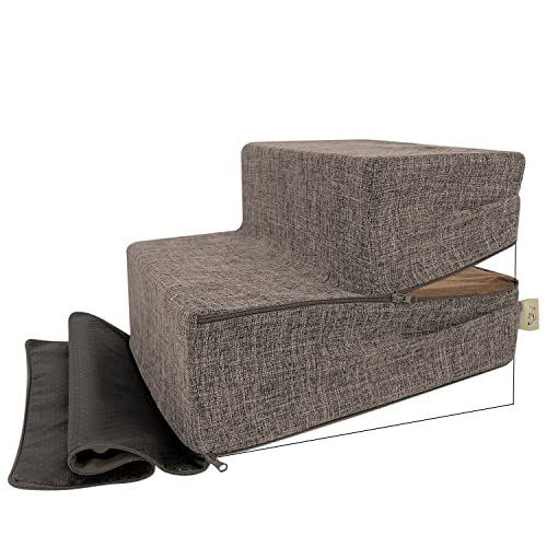 Best Pet Supplies Non-Slip Foam Dog Stair & Pet Ramp, Balanced Indoor Step Support - Foldable Stair Cover, Brown Linen, 2-Step - color: Brown Linen, size: 2-Step (H: 12"), style: Replacement Cover