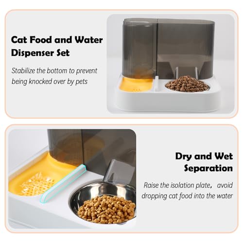 2 in 1 Automatic Cat Feeder and Water Dispenser Combo,All-in-One Dog Food and Water Dispenser Set with Stainless Steel Food Bowl Detachable Gravity Feeder for Cat Kitten Small Dog(Yellow) - color: 【Yellow】