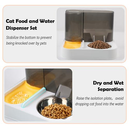 2 in 1 Automatic Cat Feeder and Water Dispenser Combo,All-in-One Dog Food and Water Dispenser Set with Stainless Steel Food Bowl Detachable Gravity Feeder for Cat Kitten Small Dog(Yellow) - color: 【Yellow】