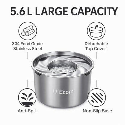 Large Stainless Steel Slow Feeder Dog Bowl with Lid – 198oz/5.6L No Spill Water Dispenser – Slobber Stopper for Healthy Slow Drinking – Non-Slip Pet Bowl for Travel, Kennels and Crates - size: 198 oz (5.6 L)