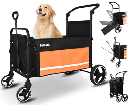 Petbobi Dog Wagon Stroller for Large & Medium Dogs, 2-in-1 Push Pull Pet Cart with Ramp, Foldable Wagon, 360° Swivel Wheels, Adjustable Handles, Safety Leashes, Orange - color: Orange
