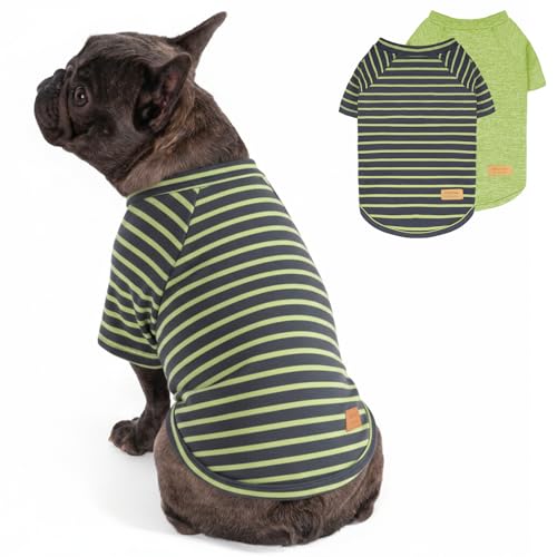KYEESE 2Pack Dog Sweater, Soft Pet Sweatshirt Stretchy Pullover Dog Sweater for Small Dogs Boy Girl, Lightweight Fleece Pet Shirt Clothes with Sleeves, M - color: 04# 2Pack(Green+Stripe), size: Medium (8.5-13lbs)
