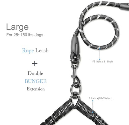 Double Dog Leash for Two Dogs, Heavy Duty Adjustable No Tangle, Bungee Retractable Split Multiple Leash for Walking 2 Dogs, 5.5FT-1/2”, Black