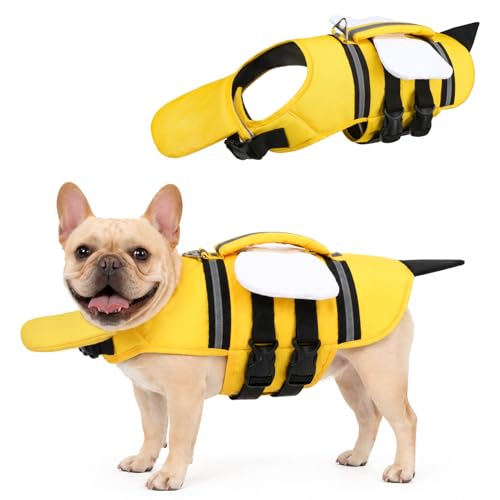 KOOLTAIL Dog Life Jacket, Cute Bee Front Float Dog Life Vest for Swimming Boating, Reflective Pet Lifesaver Swimsuit with Rescue Handle and Chin Float, Super Buoyancy for Puppy Small Medium Dogs, S