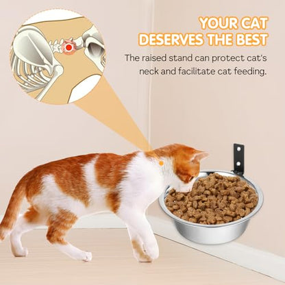 2 Pcs Wall Mounted Dog Bowl, Wall Mounted Pet Feeding Bowls, Elevated Pets Bowls, Adjustable Heights Hanging Stainless Steel Dog Food and Water Bowl with Foldable Stand Holder