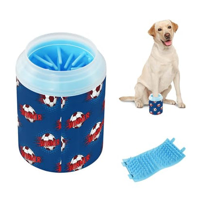 Sports Soccer Ball Blue Print Dog Paw Cleaner Cup with Soft Silicone Brush, Lightweight Portable Small Muddy Paw Washer for Dogs, Easy to Use Pet Foot Cleaner