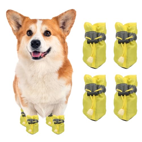 Dog Shoes Dog Boots, Paw Protector Anti-Slip Sole Winter with Reflective Strap Waterproof Soft, (4Pcs, Oxford, 1.7x1.3, Yellow), for Small Medium Puppies/Walking/Outdoor/Hardfloor - color: Yellow, size: 1.7 x 1.3 inch