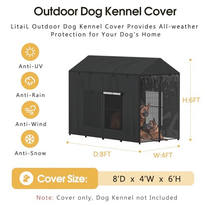 Dog Kennel Cover Outdoor 8'Dx4'Wx6'H for Large Dog Cages, Full Coverage 1200D Heavy Duty Waterproof with Transparent PVC Window (Cover Only)