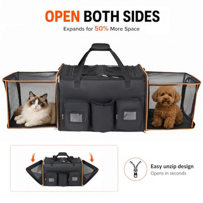 2 in 1 Large Cat Carrier for 2 Cats, Rolling Pet Carrier with Wheels, Expandable Foldable Double Pet Carrier with Removable Divider, Cat Travel Crate for Car/Camping/Vet, Black