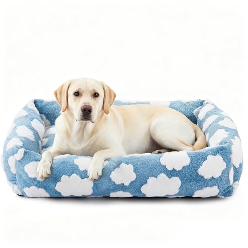 JOEJOY XL Dog Beds Large Sized Dog, Rectangle Washable Orthopedic Pet Bed with Removable Zipper Cover, Cute Soft Calming Puppy Pet Bed with Jacquard Shaggy Plush & Non Skid Bottom - color: Cozy Clouds Blue, size: XL (42"x36"x9")