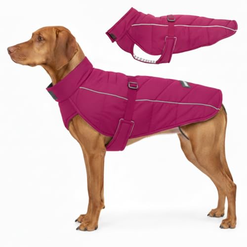 DJANGO Insulated Puffer Dog Jacket with Harness Hole – Warm, Water-Repellent Winter Dog Coat Large Dogs – Adjustable, Reflective Cold Weather Dog Apparel for Fall, Snow, Rain – Hibiscus Pink, Large - color: Hibiscus Pink, size: Large