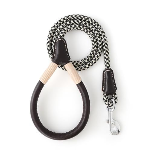 Mile High Life Dog Leash, Rope Leash with Genuine Leather Handle and Heavy Duty Metal Clasp, Great for Small Medium Large Dogs (Black Khaki, 4FT) - color: Leather Handle-Black Khaki, size: 48 Inch-1/2"