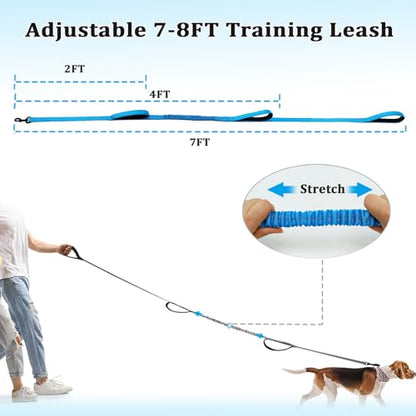 WYuZe 3 Handle Dog Leash 7ft Nylon Bungee Leash with Traffic Padded Handles | Reflective Training Medium Large Dog No Pull Shock Absorbing Comfortable Walking Hiking (7ft, Blue) - color: Blue