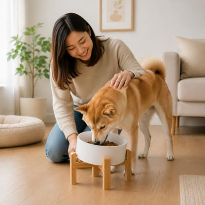 hjn Elevated Ceramic Dog Bowl 15°Slanted Raised Dog Bowl with Bamboo Stand for Small Medium Dogs and Cats, Pet Feeder -3.6-Cup (850ml)-White - color: White, size: 3.6Cup