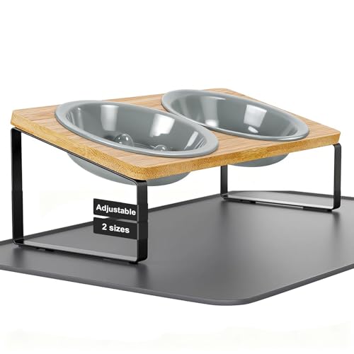 LEAWALK Upgraded Adjustable Height Cat Food Bowls Stand Ceramic Dog Bowls and Slow Feeder Cat Bowl, 15°Tilted Stand Anti Vomiting Raised for Small and Medium Sized Cats Dogs (Grey (2 Bowl+Pet mat)) - color: Grey ( 2 Bowl+Pet mat)